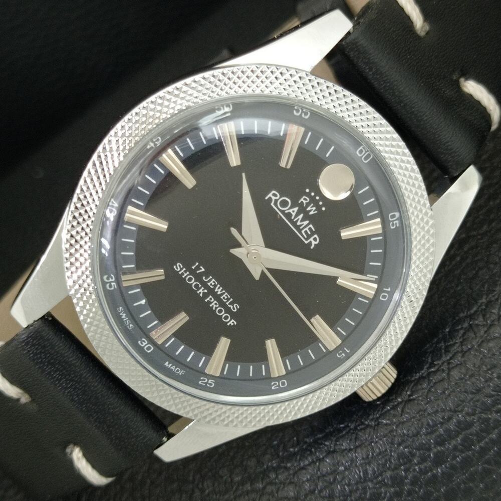 Vintage 1977 Roamer Manual Mens Silver Watch W/Leather Strap & Black accents
